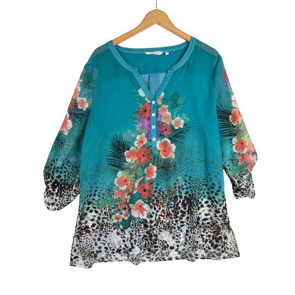 Soft Surroundings Sheer Chiffon Hibiscus/Leopard Print Roll Tab Blouse size XL